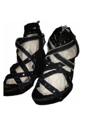 Frederick's of Hollywood RARE Black Studded Zipper Wedge Sandals